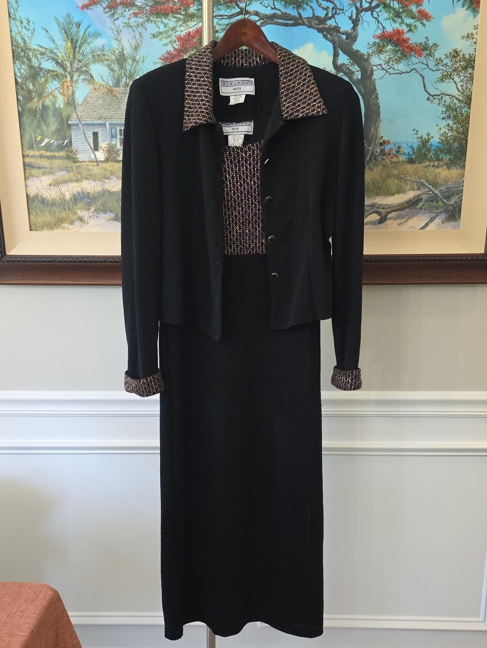 Jessica Howard Black Maxi Dress and Cardigan Set with Multicolor Tweed Trim